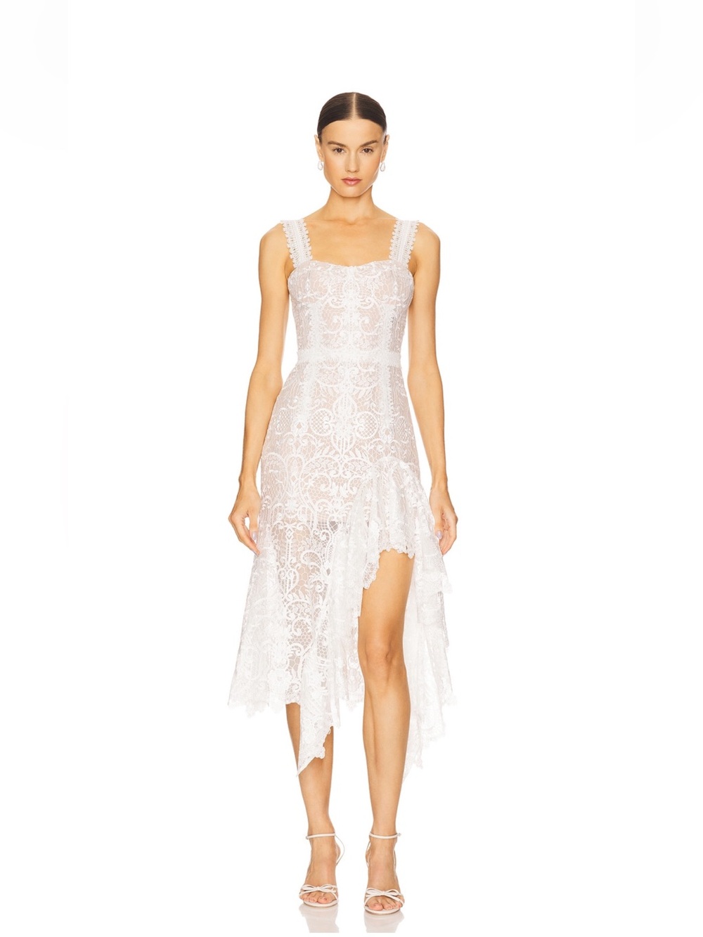 Bronx and Banco White Lace High-Low Midi Dress